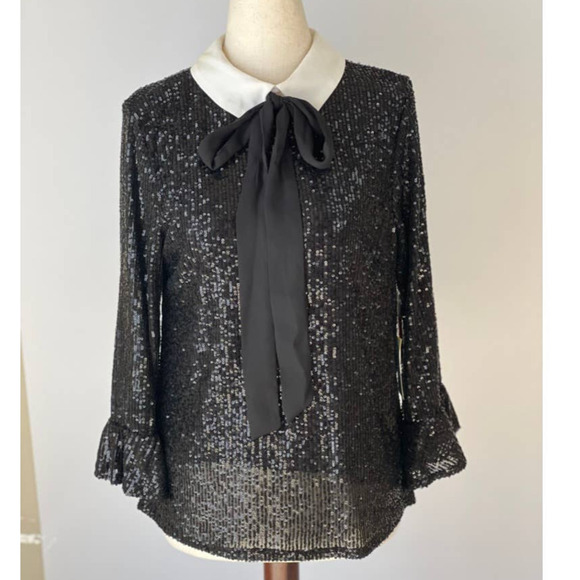 CeCe Sequin Point Collar Bow Ruffle Long Sleeve Blouse - Picture 1 of 14